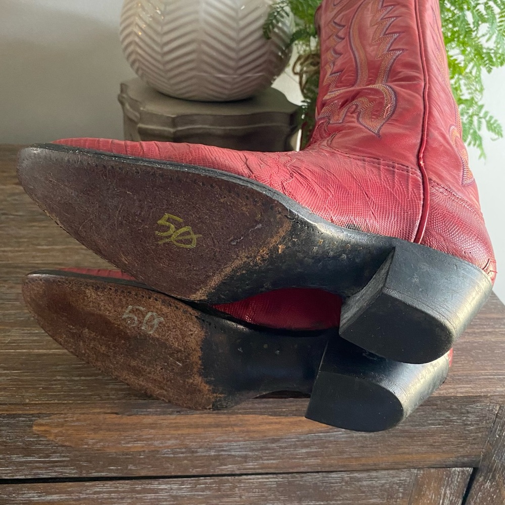 Vtg LARRY MAHAN Exotic Lizard Leather Tall Western Cowboy Boots Womens 8B Red - Picture 16 of 16